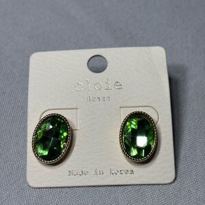 New! Cloie Brass Green Oval Gemstone Earrings